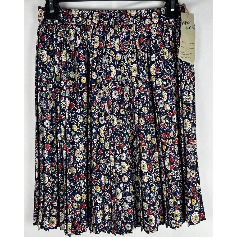 NWT Vtg Esprit Floral Pleated Knee Length Skirt Womens L Elastic Waist 90s Y2K